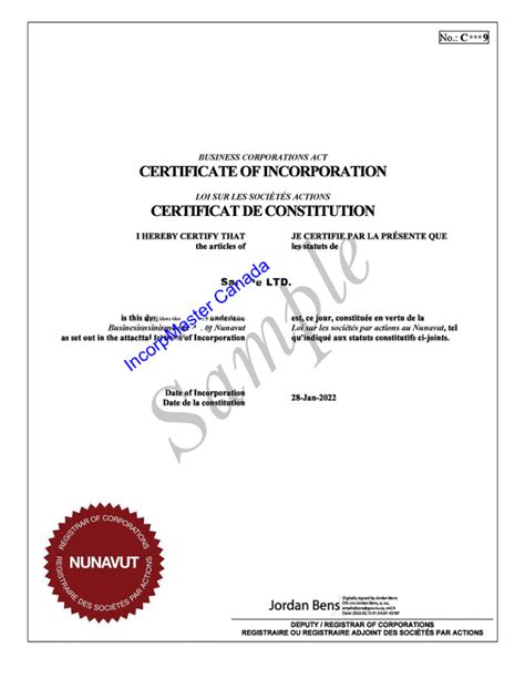 Sample Of Certificate Of Incorporation Nu Nuans Canada