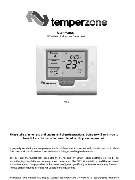 User Manual Tzt 100 Multi Function Thermostat Pdf Thermostat Air