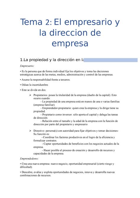 Tema 2 Funadamentos de Dirección de Empresa Tema 2 El empresario y