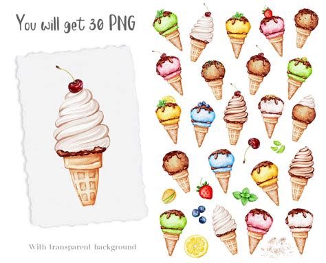 Watercolor Ice Cream Clipart Summer Sweets Clipart Waffle Cone Dessert Yummy Treats Planner