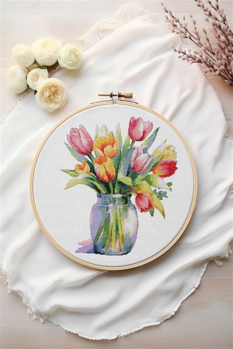 Tulip Cross Stitch Pattern Tulip Flowers In A Glass Jar Red Tulip Pdf