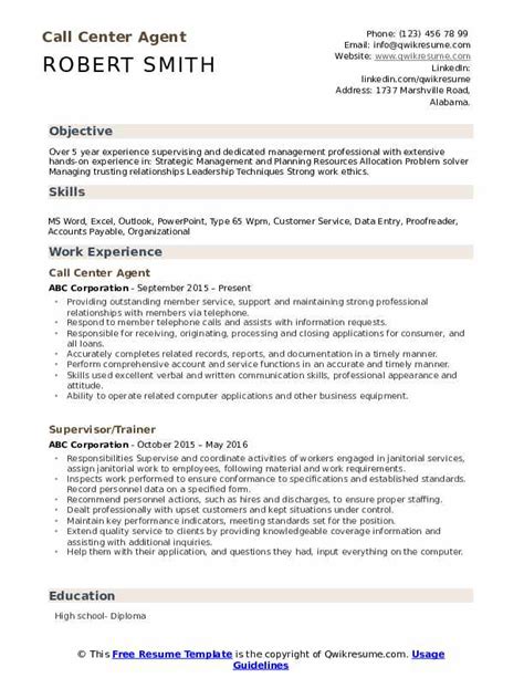 Call Center Agent Resume Samples Qwikresume