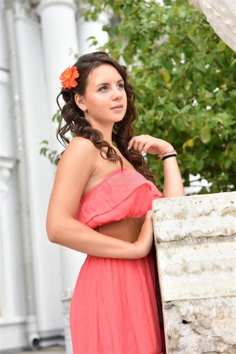 Beautiful Brunette With Curly Hair And Pink Dress Stock Image Image Of Fashionable Hairstyle