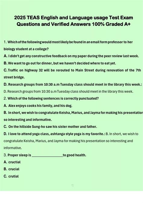 2025 TEAS English and Language usage Test Exam Questions and Verified ...