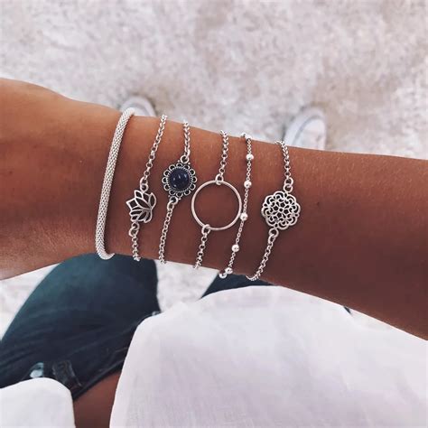 Conjunto De Unids Set De Pulseras Vintage Bohemias De Plata Para