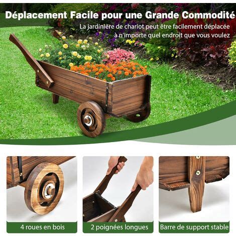 COSTWAY Brouette à Fleurs Jardinière en Bois de Sapin Carbonisé à Roues