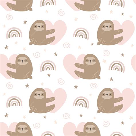 Premium Vector Cute Sloth Hugging Heart With Rainbow Seamless Pattern