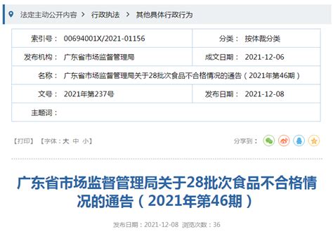 广东省市场监督管理局关于28批次食品不合格情况的通告（2021年第46期） 中国质量新闻网