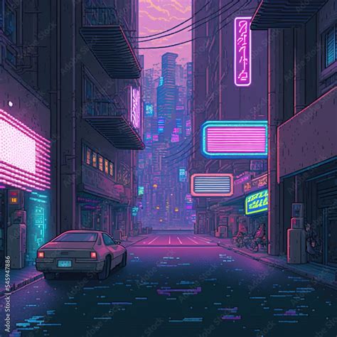 Cyberpunk Neon City Night Futuristic City Scene In A Style Of Pixel