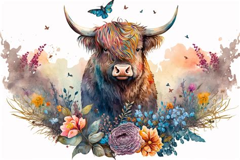 Watercolor Highland Cow with Flowers Graphic by 1xMerch · Creative Fabrica