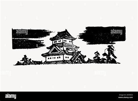 Japanese temple drawing, vintage architecture illustration vector Stock ...