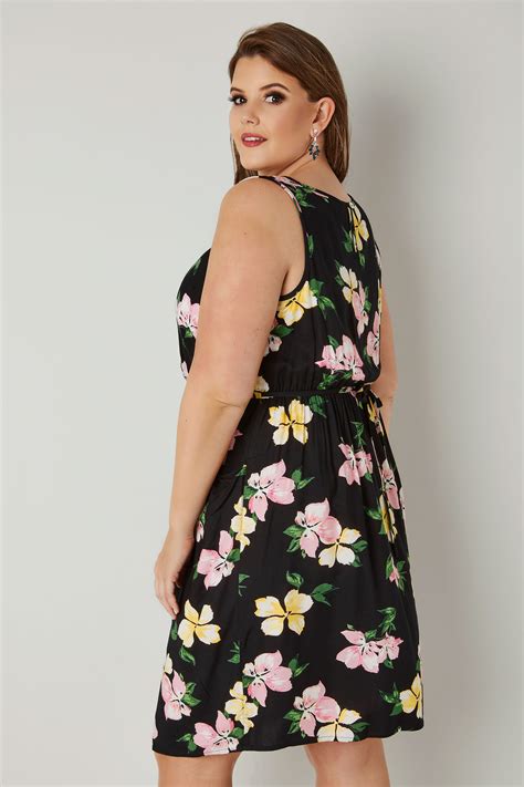 Black And Multi Floral Print Pocket Dress With Elasticated Waist Plus