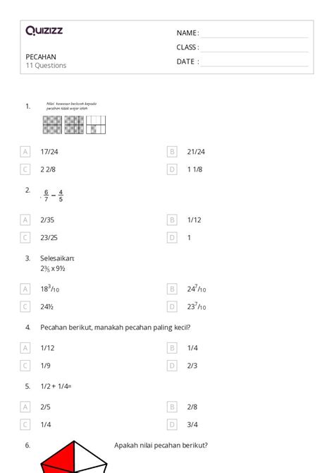 Lembar Kerja Pecahan Untuk Kelas Di Quizizz Gratis Dapat Dicetak