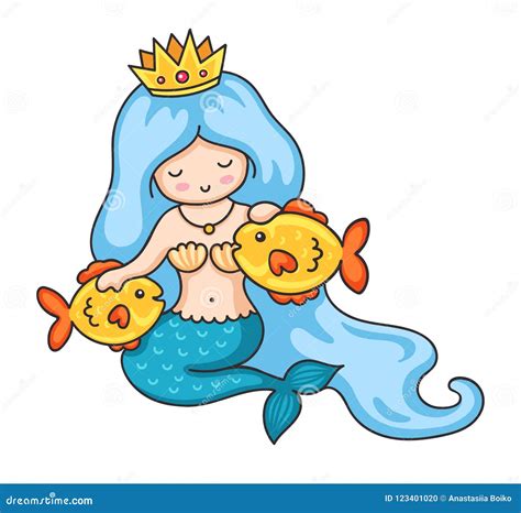 Cute Princess Mermaid With Crown Wavy Blue Hair Two Golden Fish