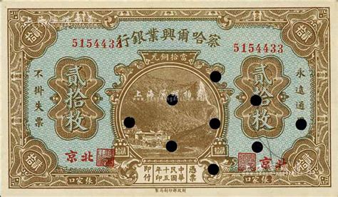 民国十五年（1926年）察哈尔兴业银行当拾铜元贰拾枚，北京·张家口地名，背印li En Ching英文签名；号码印刷移位，打孔注销票，九八成新