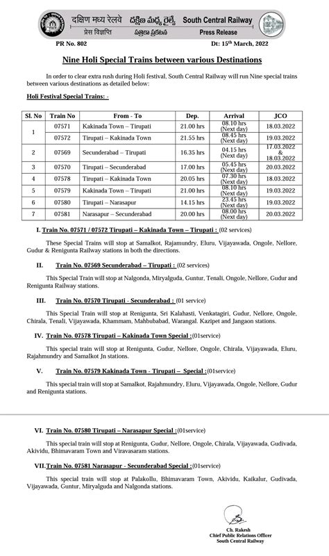 South Central Railway On Twitter Nine Holi Special Trains Between