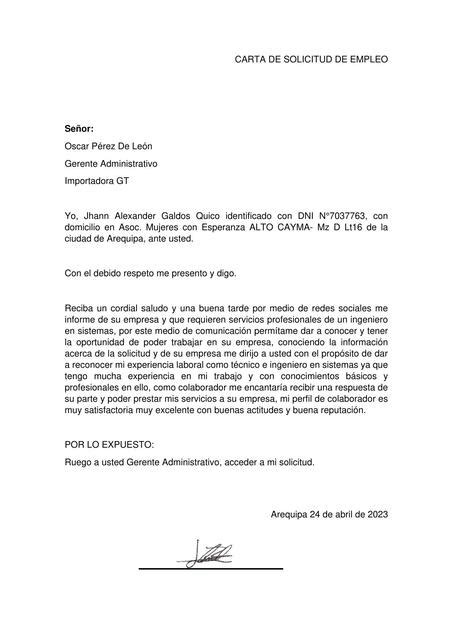 Carta Solicitud De Empleo Jhann Galdos Udocz The Best Porn Website