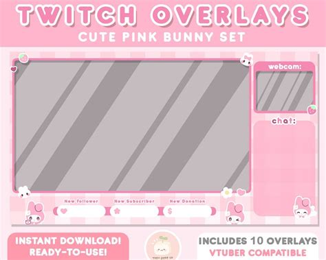 10x Twitch Cute Pink Bunny Stream Overlay Webcam Vtuber Overlays