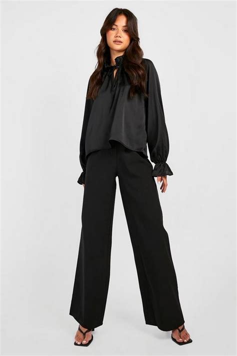 Tops Ruffle Neck Textured Satin Blouse Boohoo