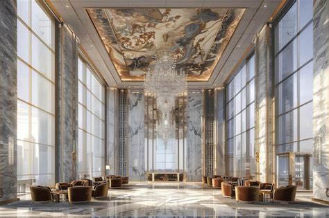 Premium Photo Opulent Hotel Lobby With Marble Floors Grand Chandelier