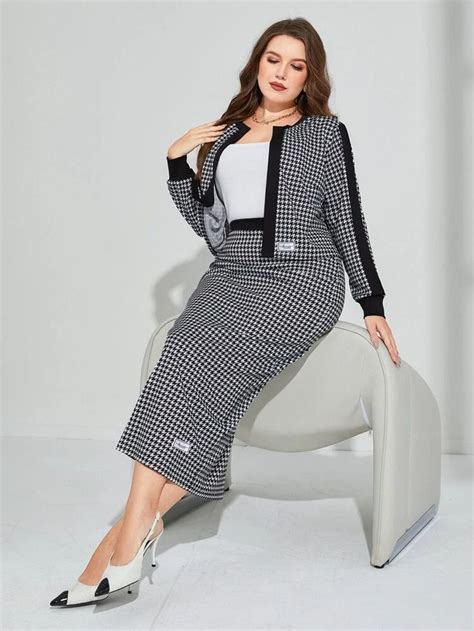 Shein Modely Plus Houndstooth Contrast Binding Jacket Skirt Shein