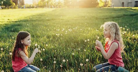 Mignonnes Adorables Filles Caucasiennes Soufflant Des Pissenlits