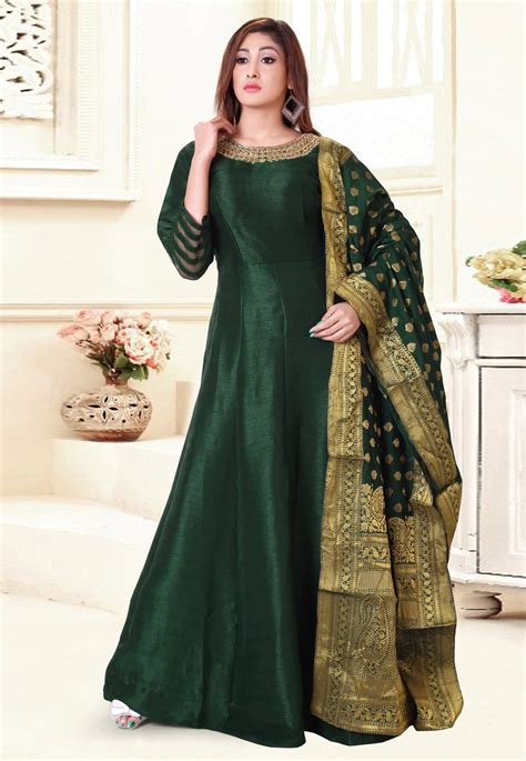 Buy Green Silk Readymade Long Anarkali Suit 156737 Online At Lowest