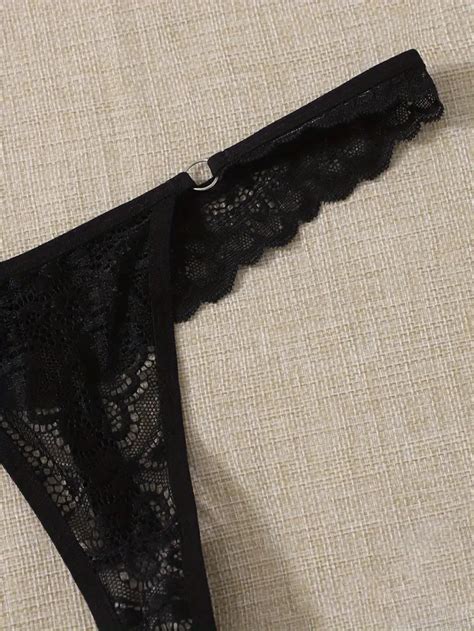 Floral Lace Ring Linked Thong Sexy Hollow Semi Sheer Panties Temu