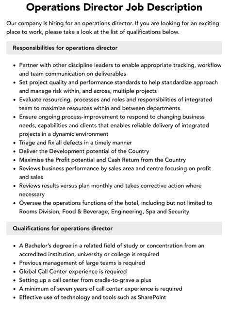 Operations Director Job Description Velvet Jobs