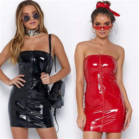 Buy Fashion Pu Leather Dresses Women Zipper Backless