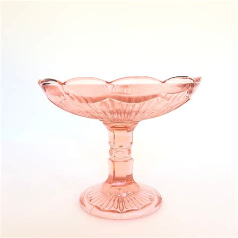 Vintage Pink Depression Glass Footed Shallow Bowl Pedestal Etsy