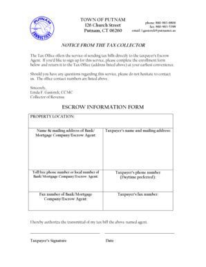 Fillable Online ESCROW INFORMATION FORM Town Of Putnam Fax Email