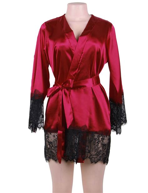 Plus Size Wine Red Silk Satin Lace Sexy Women Kimono Home Pajamas Ohyeahlady