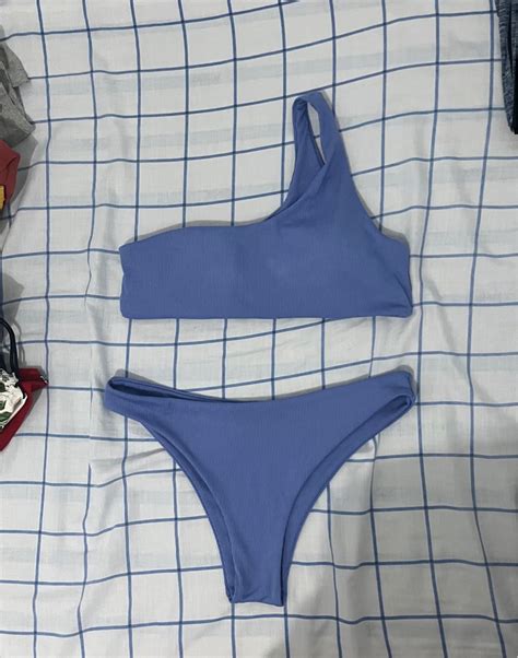 Blue Ribbed Bikini Set Women S Fashion Swimwear Bikinis Swimsuits On Carousell
