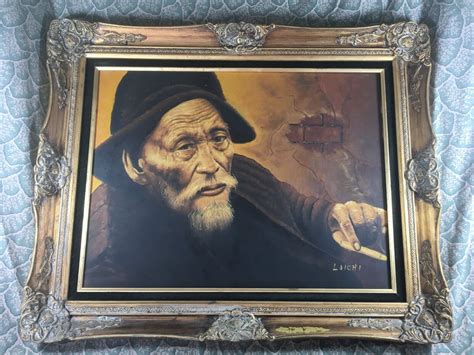 Laichi Old Man Chinese Smoking Oil On Canvas Painting Ebay