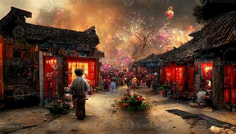 Ancient Chinese village, Chinese New Year, peach flower blossom, multi ...