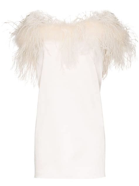 Saint Laurent Feather Trimmed Satin Crepe Mini Dress In Ivory