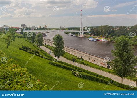 TYUMEN, RUSSIA - JULY 6, 2018: Tura River in Tyumen City Crossed by the Lovers Bridge, Russ ...