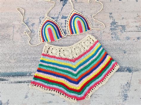 Women S Piece Set Bikini Hand Crochet Summer Beach Woven Top And Hot Pants Etsy