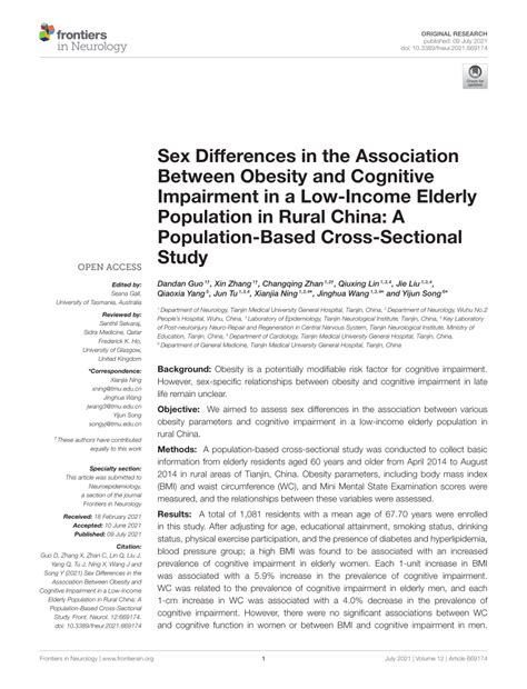 Pdf Sex Differences In The Association Between Obesity And Cognitive Impairment In A Low