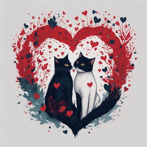 Premium Photo A Drawing Of Two Cats With Red Hearts Around Them