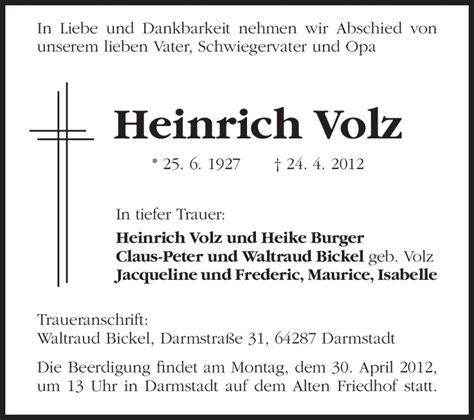 Traueranzeigen Von Heinrich Volz Vrm Trauer De