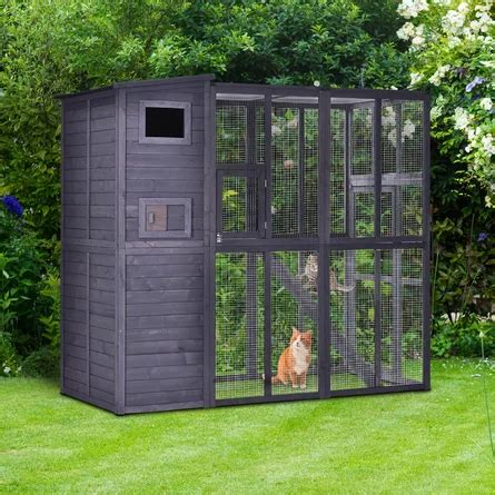 Pawhut Pawhut Large Wooden Outdoor Cat House With Large Run For Play, Catio For Lounging, And A ...