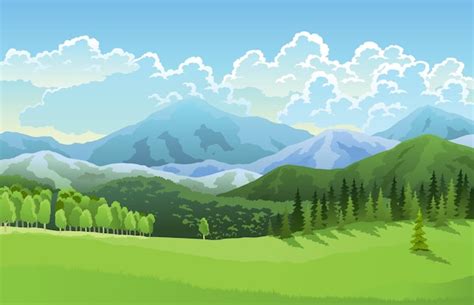 Premium Vector Landscape Mountains Grasslands Meadows And Blue Sky