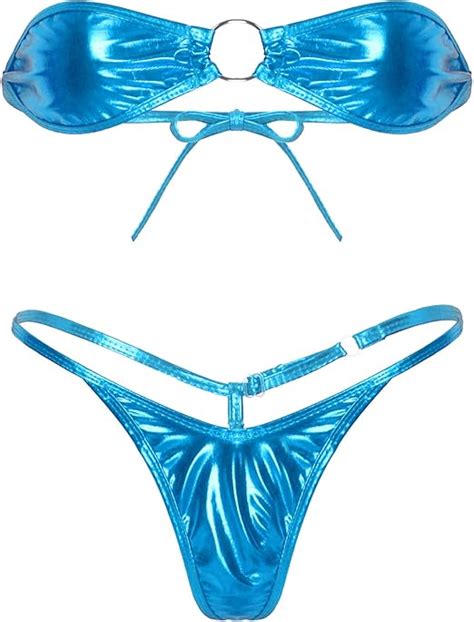 Inlzdz Sexy Damen Bikini Set Metallic Micro Mini Bh Mit G String Tanga