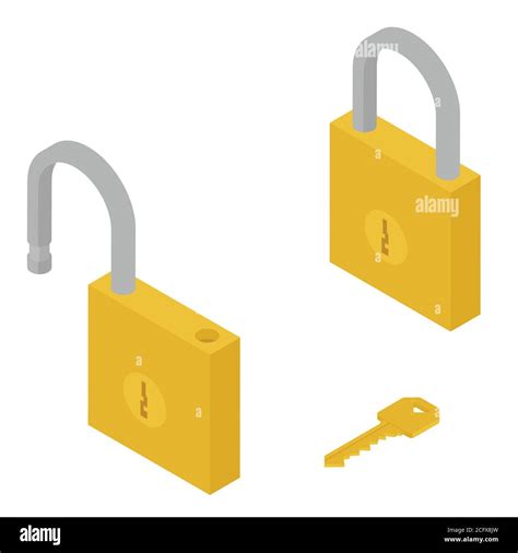 Golden Locked And Unlocked Padlock And Key Isometric View Isolated On