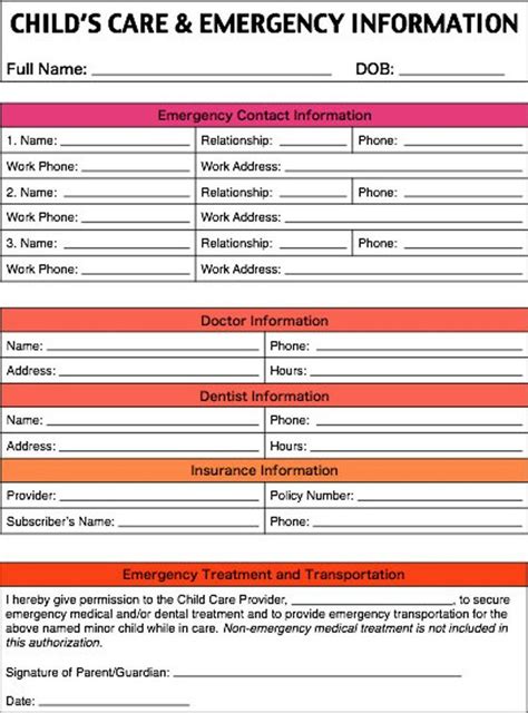 Free Printable Emergency Contact Form For Daycare Printable Word Searches