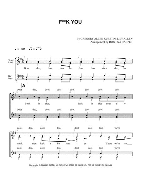 Fuck You Arr Rowena Harper Sheet Music Greg Kurstin Barbershop Quartet