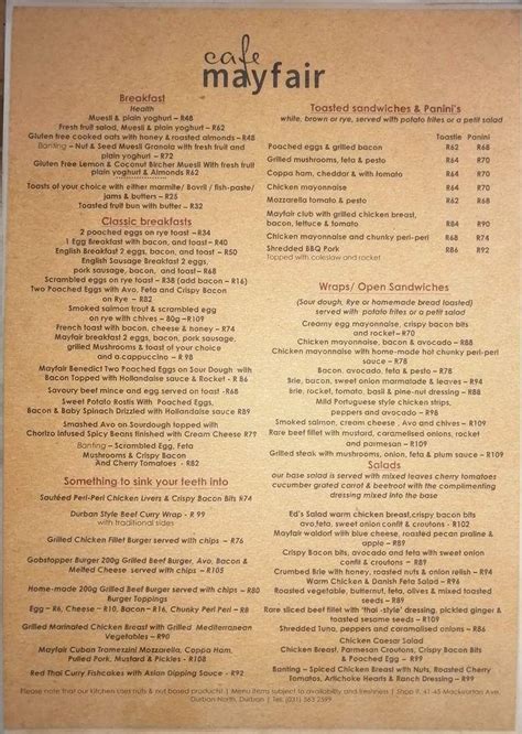 Menu At Mayfair Cafe Durban