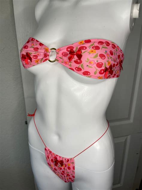 Pink Cherry Micro Bandeau Bikini Exotic Dancewear Cherry Kawaii Bikini